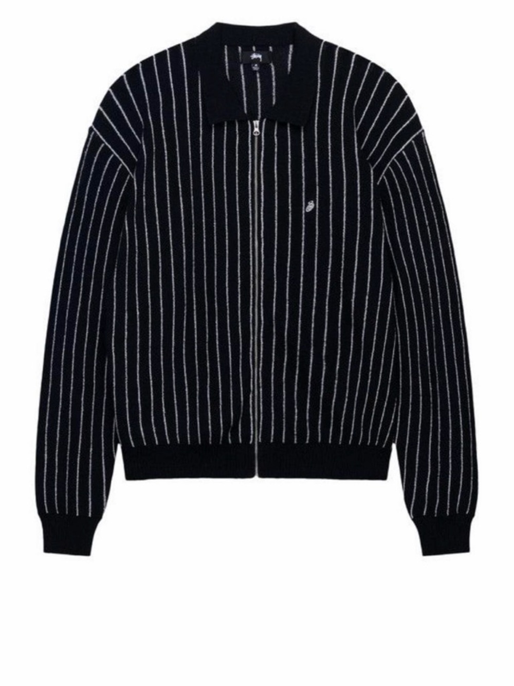 Brand New Stussy Black and White Striped Long Sleeve Zip Up Polo Cardigan Shirt